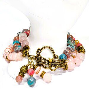 Three Strand Gemstone Bracelet – Rose Quartz, Rhodonite & Nevada Turquoise